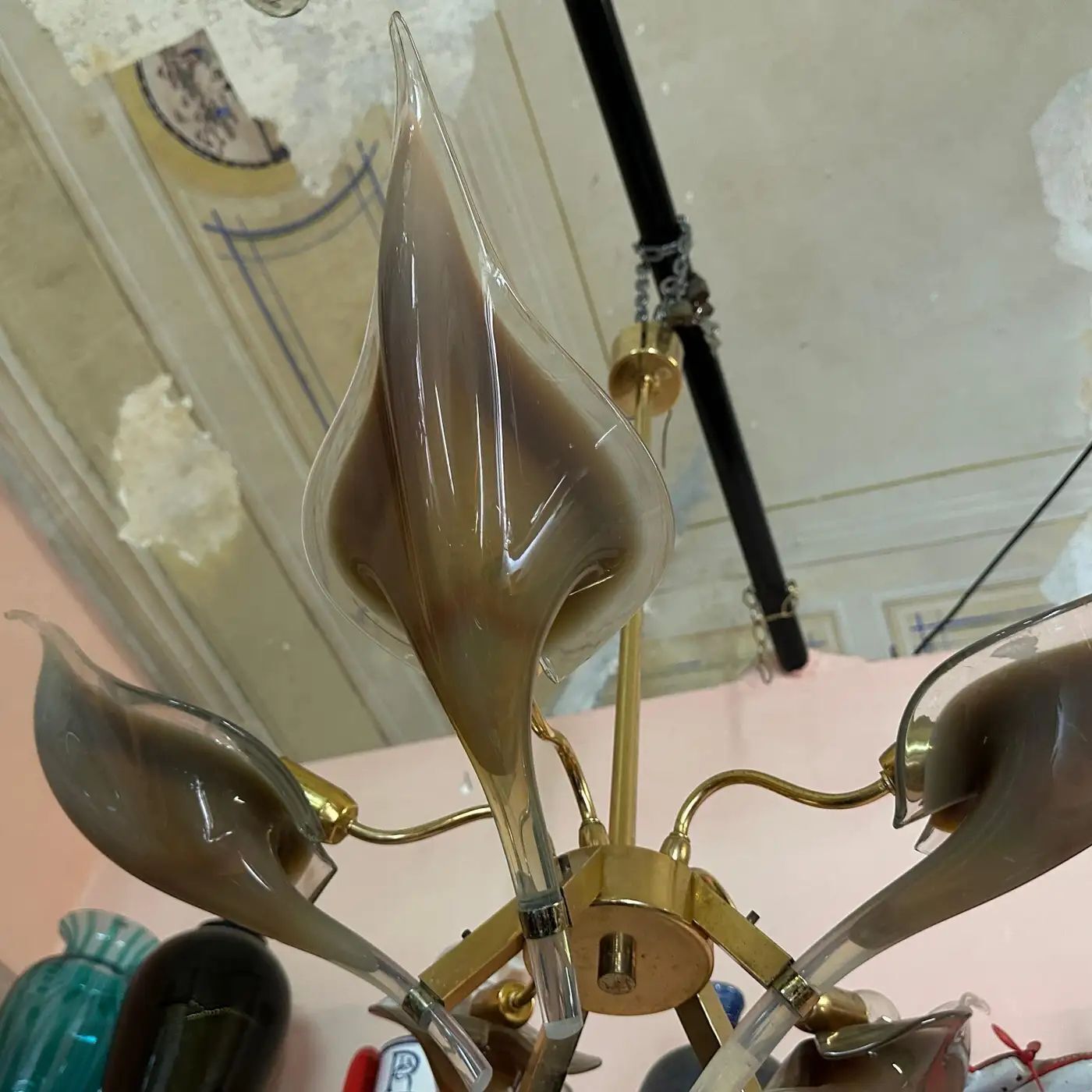 1970s Mid Century Modern Brown Murano Glass And Brass Chandelier By Franco Luce photo furniture