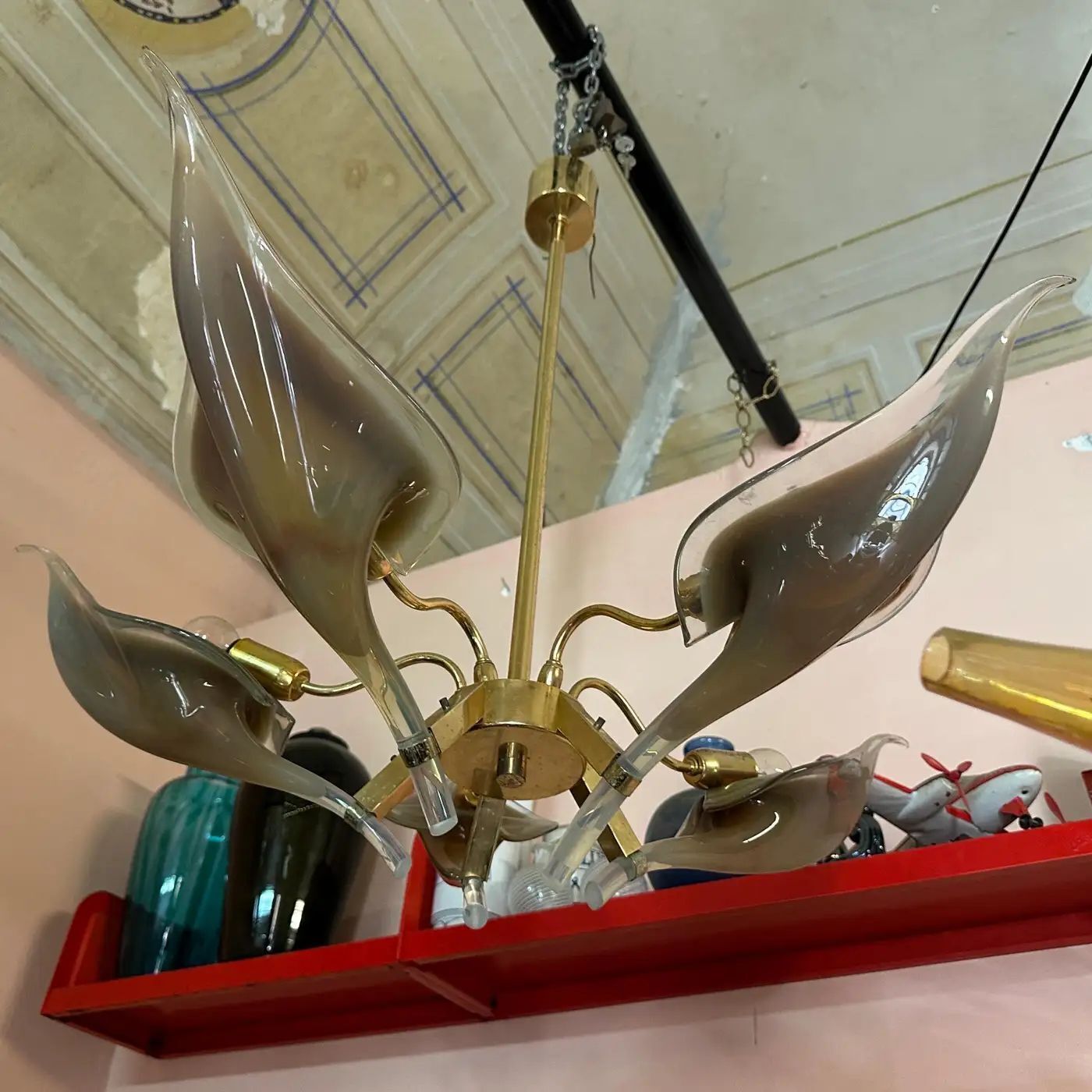 1970s Mid Century Modern Brown Murano Glass And Brass Chandelier By Franco Luce photo Lighting