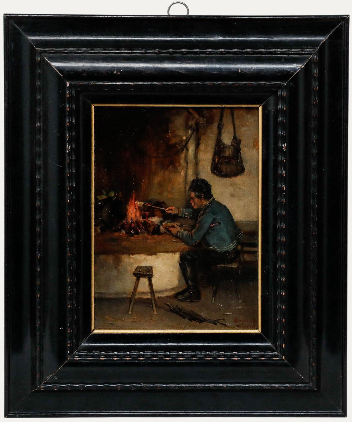 Antal Neogrady (1861 1942) Framed 1882 Oil, Tending The Fire
