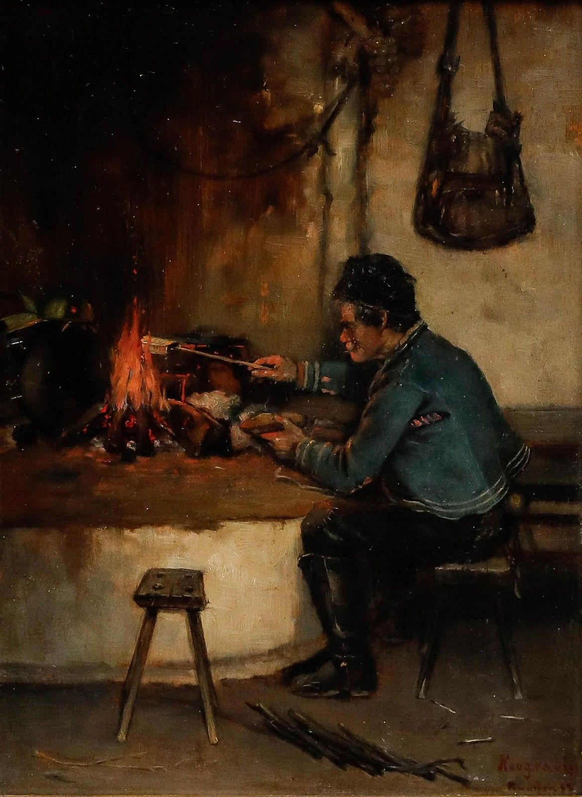 Antal Neogrady (1861 1942) Framed 1882 Oil, Tending The Fire photo furniture