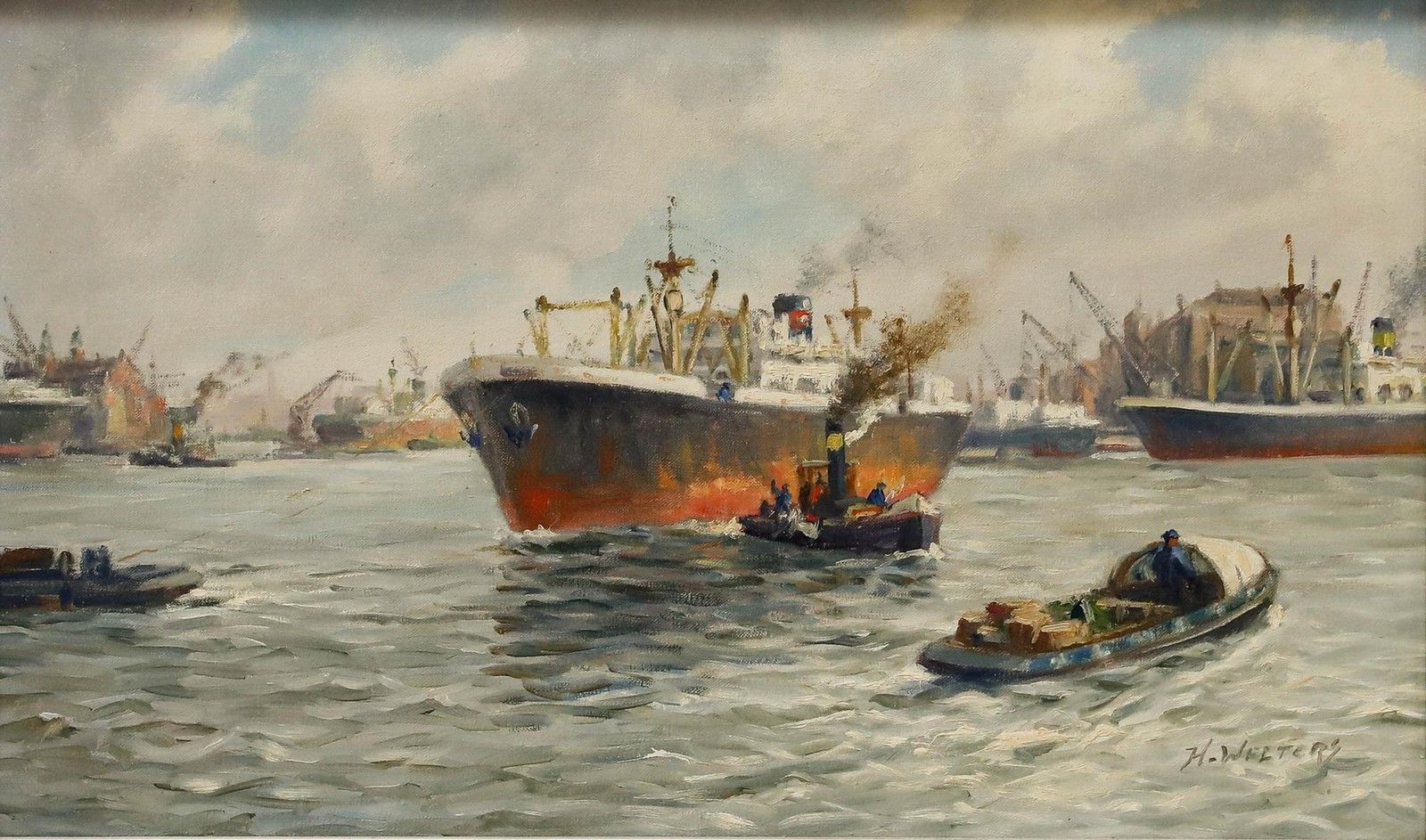 H. Welters Framed Mid 20th Century Oil, Coming In To Dock photo furniture