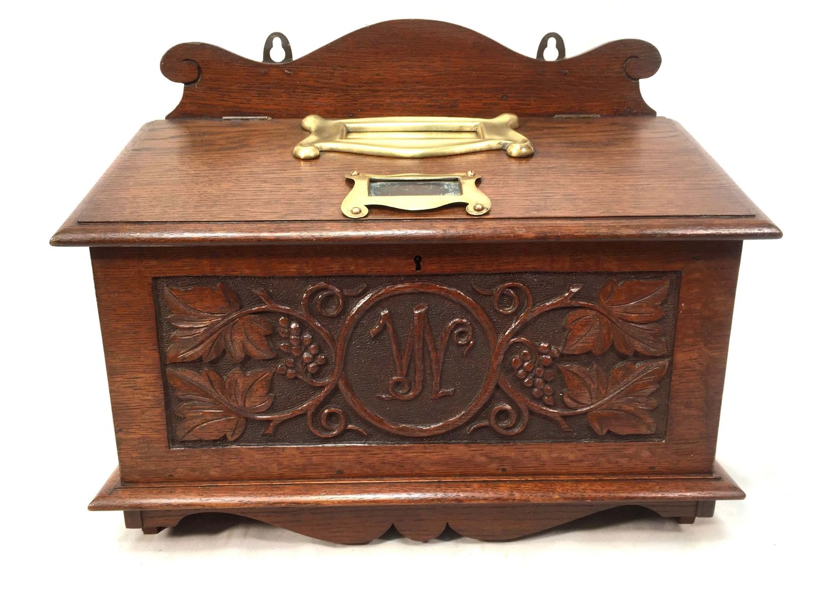 Antique 19th Century Wooden Oak Country House Carved Letter Box / Storage Box photo vinterior