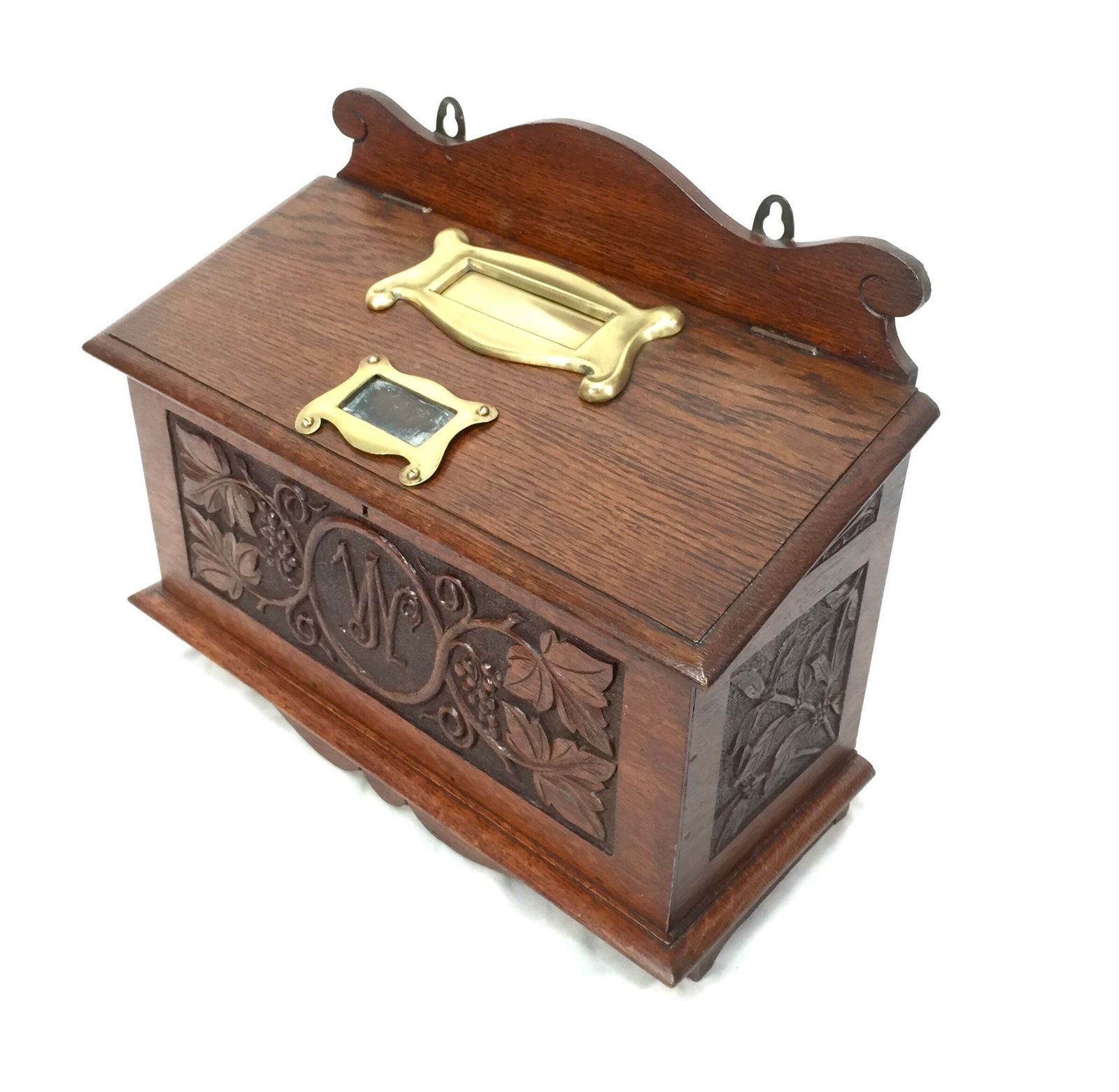 Antique 19th Century Wooden Oak Country House Carved Letter Box / Storage Box photo vintage