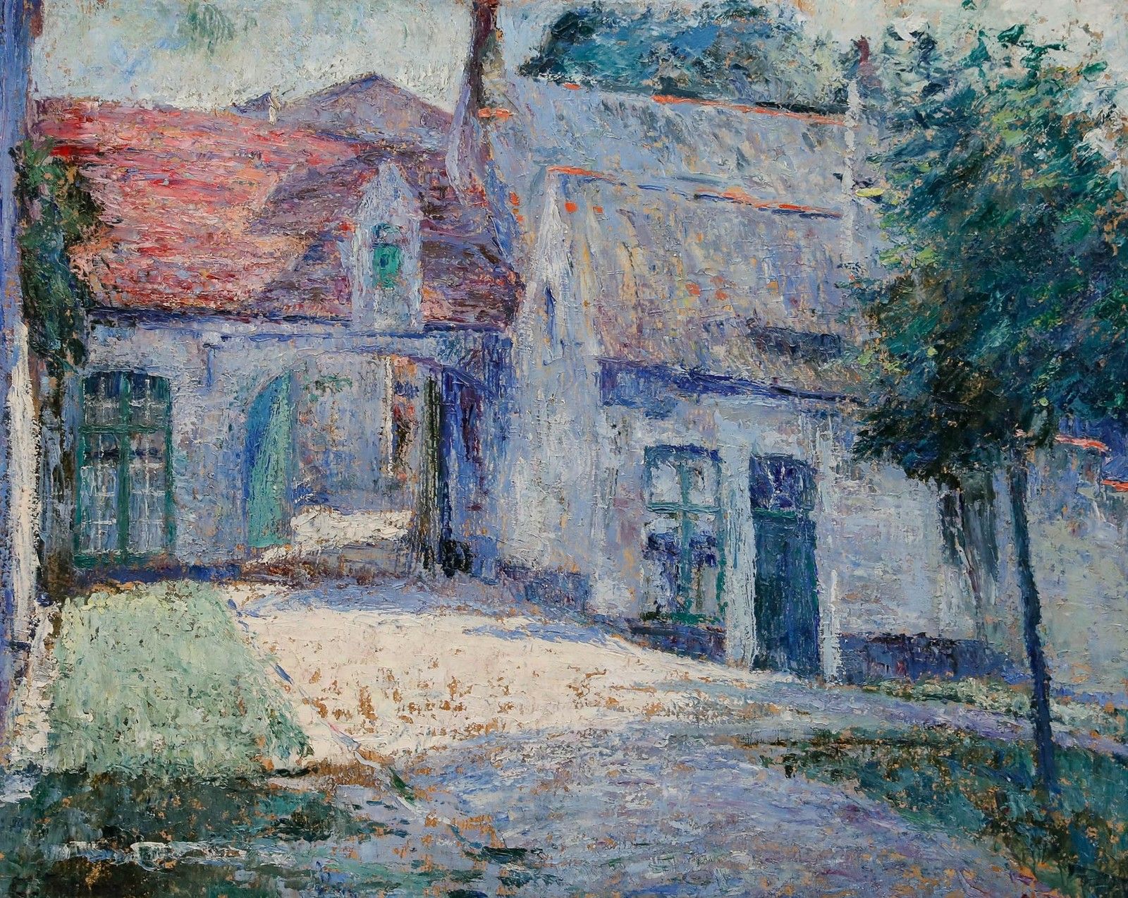 Early 20th Century Oil Beguinage In Blue photo furniture