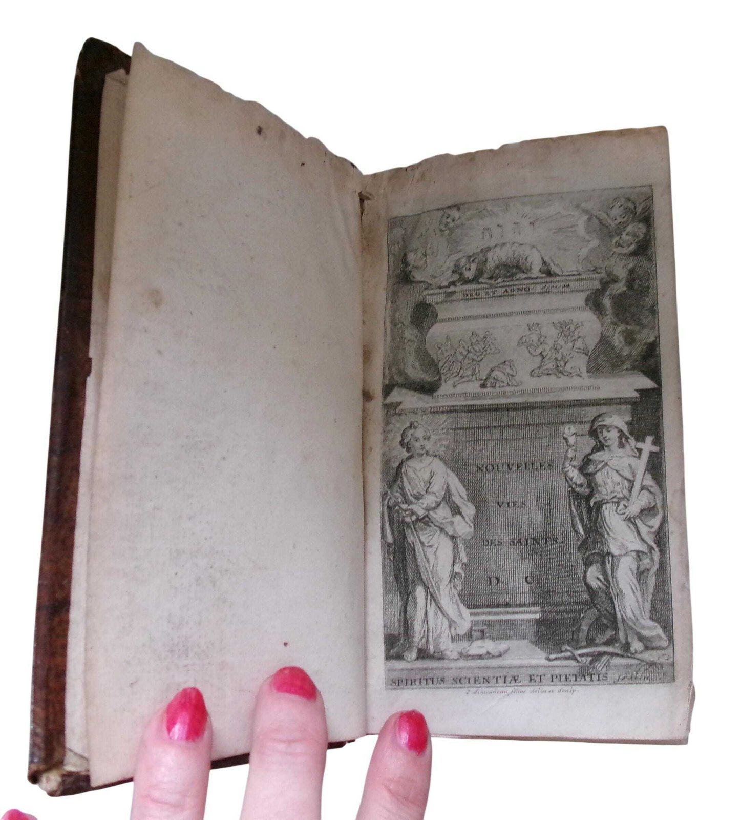 1725 French Religious Book, Les Nouvelles Vies Des Saints, Leather Bound, Lives Of The Saints Vol I photo furniture
