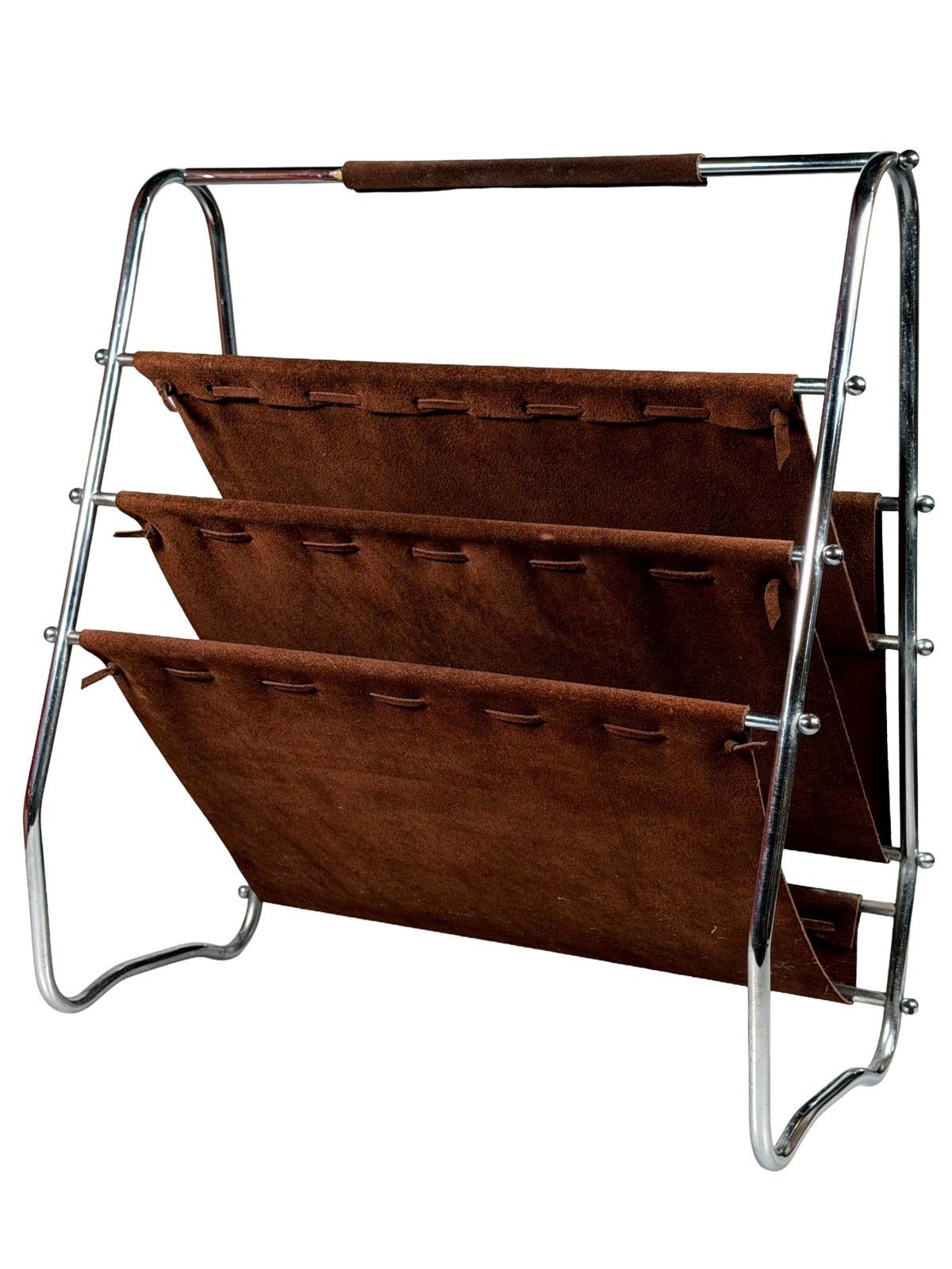 60s 70s Newspaper Holder Magazine Rack Metal Leather Mid Century Design