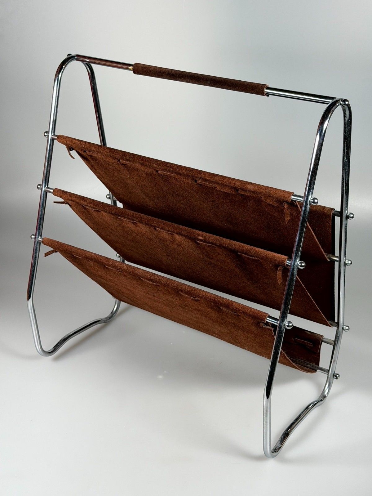60s 70s Newspaper Holder Magazine Rack Metal Leather Mid Century Design photo furniture