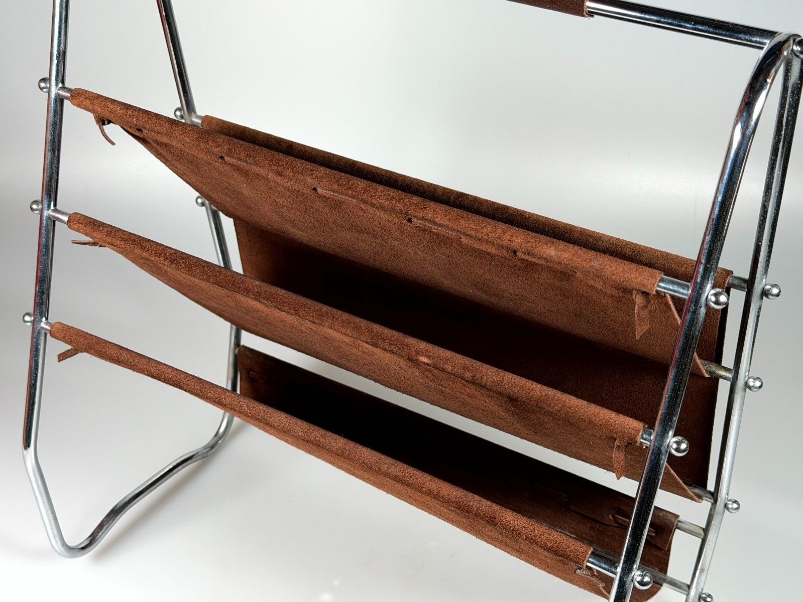 60s 70s Newspaper Holder Magazine Rack Metal Leather Mid Century Design photo 303.0