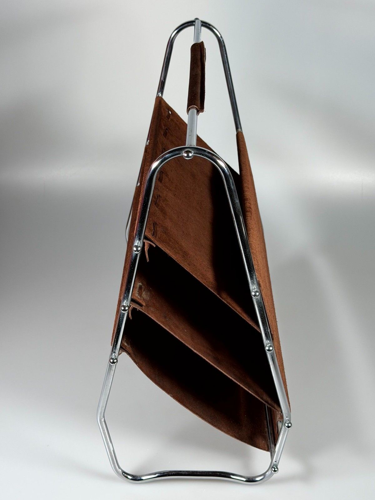 60s 70s Newspaper Holder Magazine Rack Metal Leather Mid Century Design photo vintage