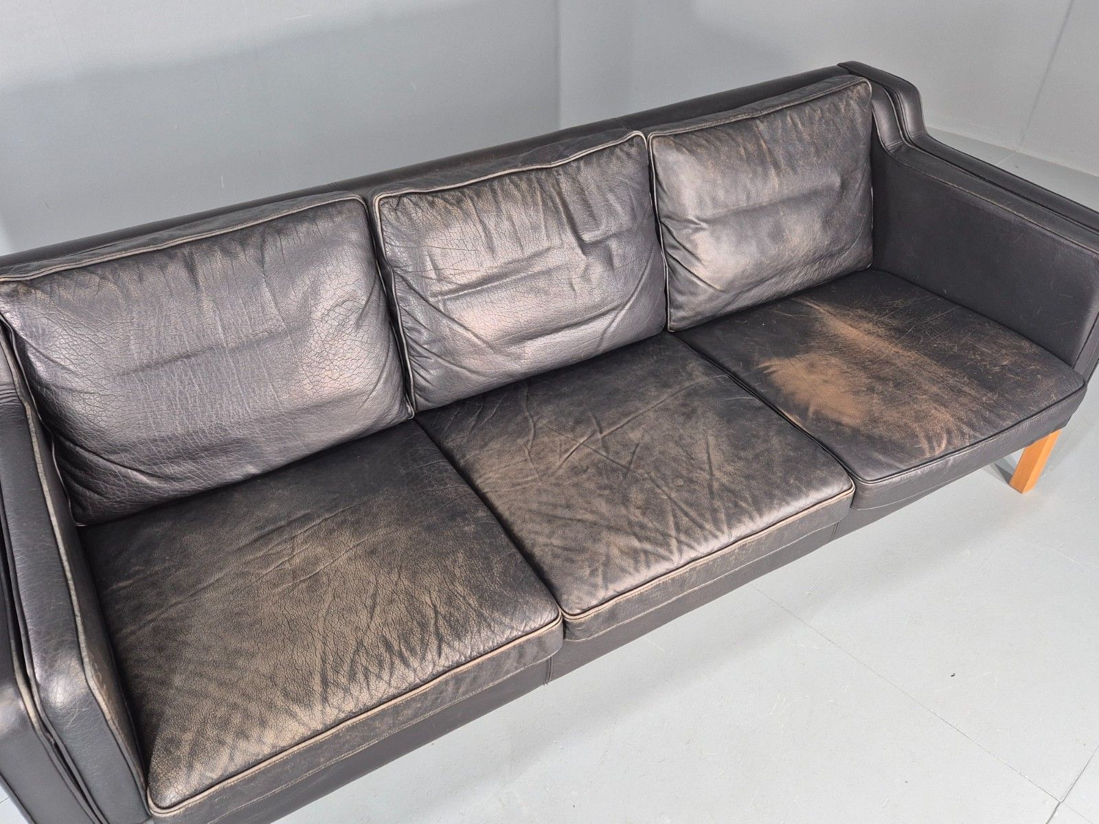 Vintage 3 Seater Sofa Danish Black Leather Mid Century Retro Stouby Eb10546 M3ss photo Furniture