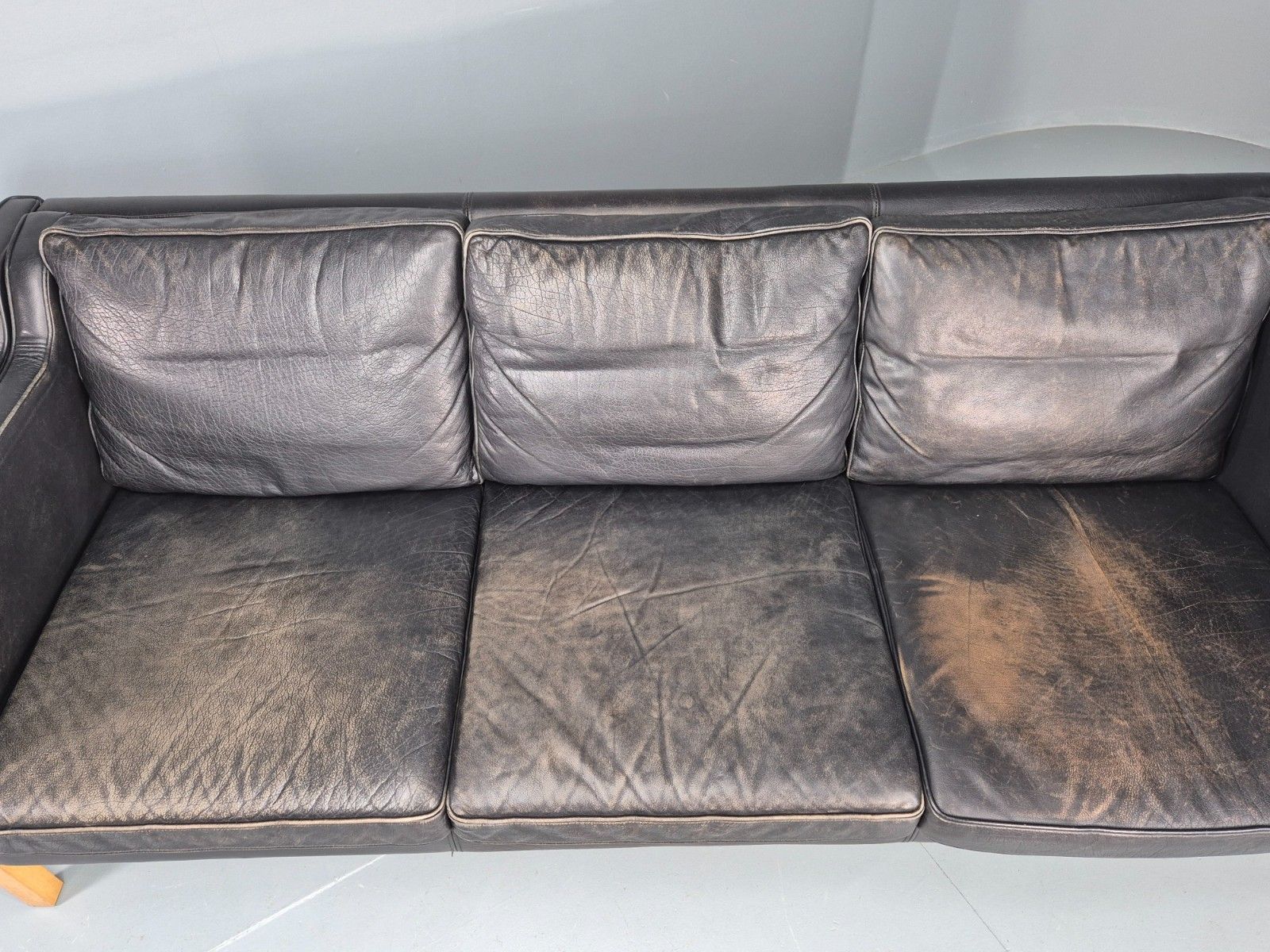 Vintage 3 Seater Sofa Danish Black Leather Mid Century Retro Stouby Eb10546 M3ss photo vintage