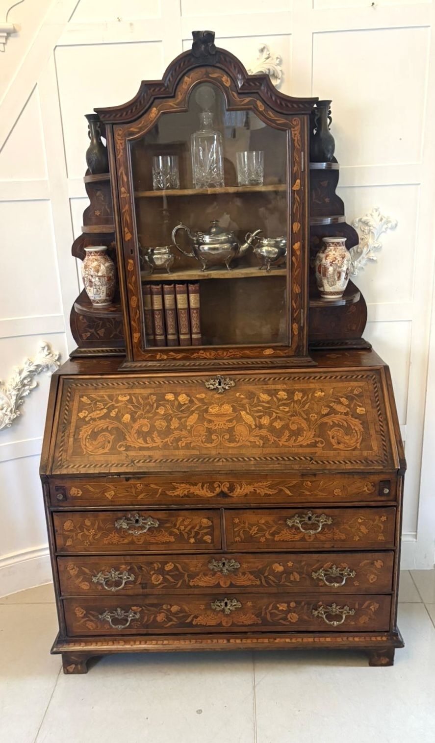 Antique Dutch Marquetry Walnut Bookcase photo vinterior