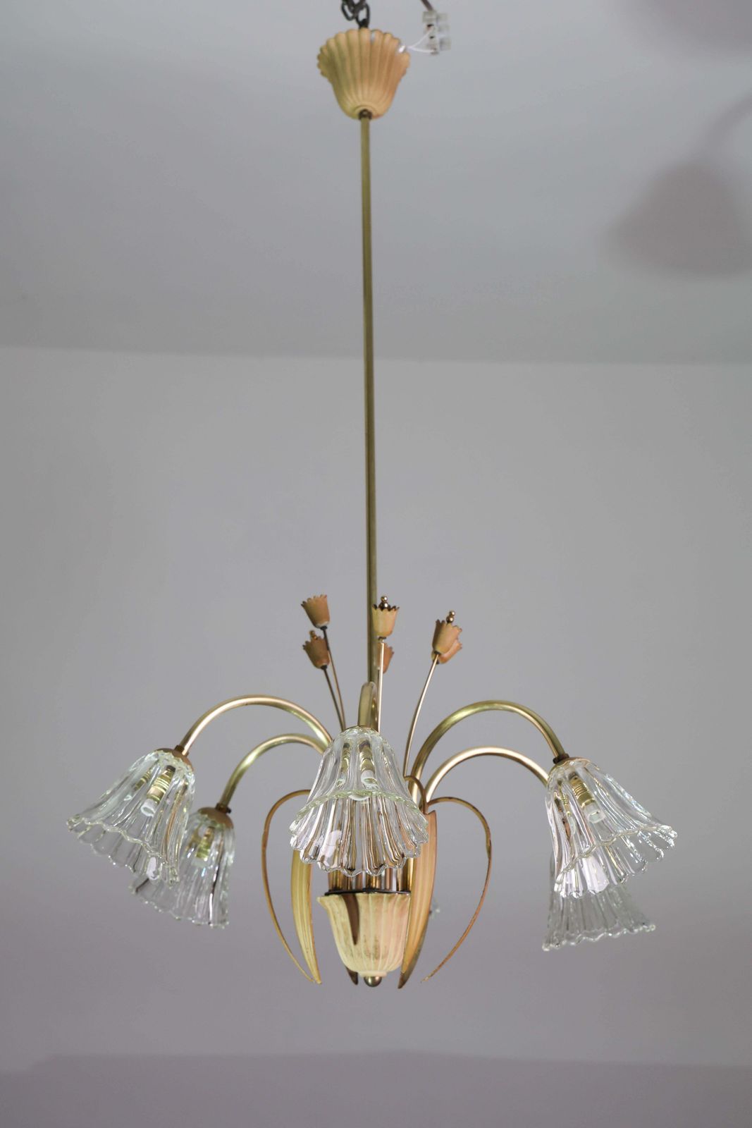 Art Decò Murano Glass And Brass Chandelier, 6 Light, 1950 photo for sale