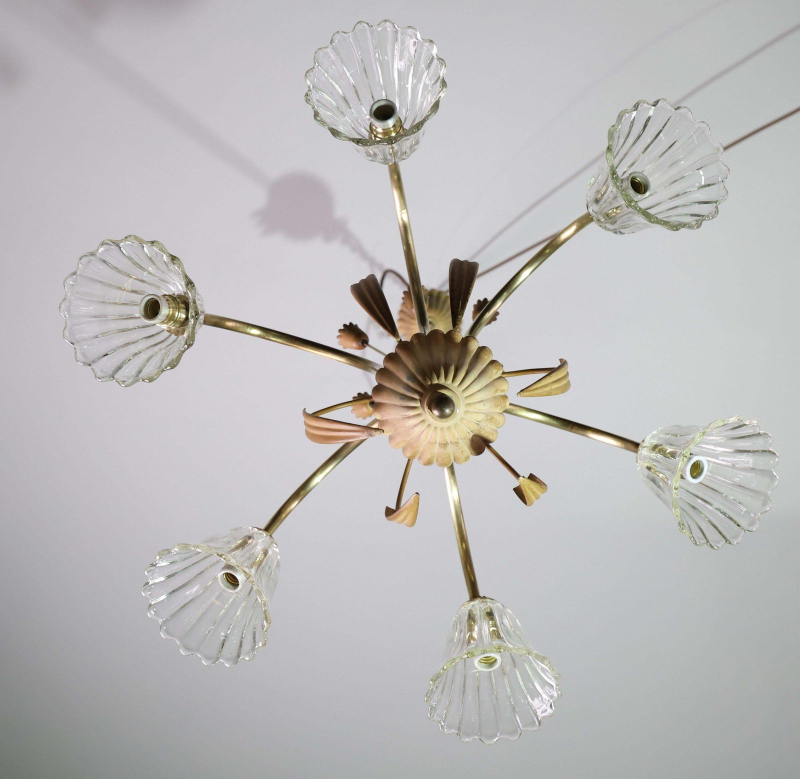 photo for sale Art Decò Murano Glass And Brass Chandelier, 6 Light, 1950