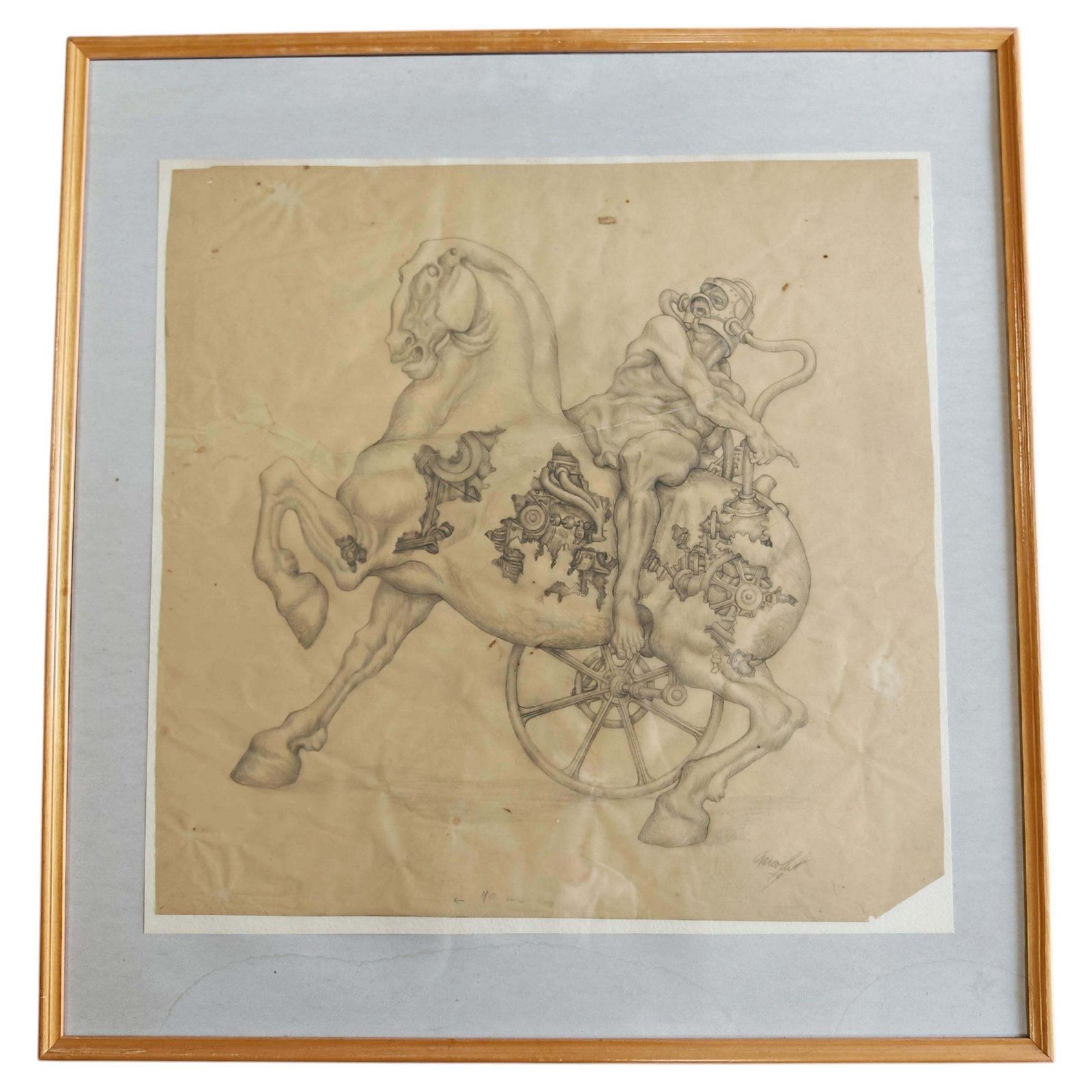 Figurative Composition With Mechanical Motifs, Pencil On Paper By Dusan Gakovic