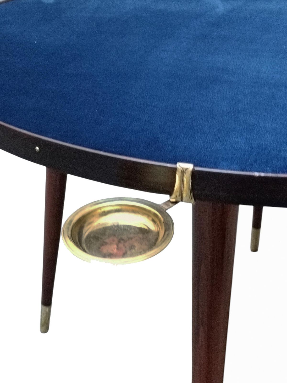 Gio Ponti Style Round Game Table In Wood And Blue Cloth, Italy 1950s photo for sale