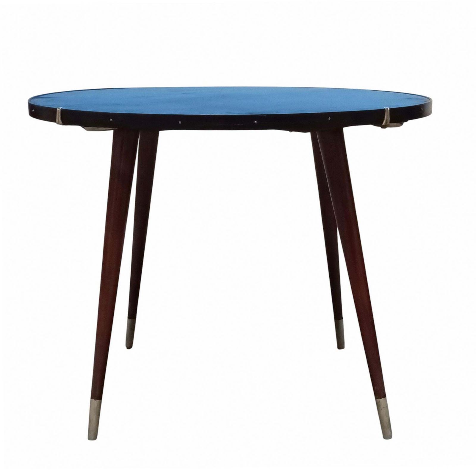 Gio Ponti Style Round Game Table In Wood And Blue Cloth, Italy 1950s photo 2433.0