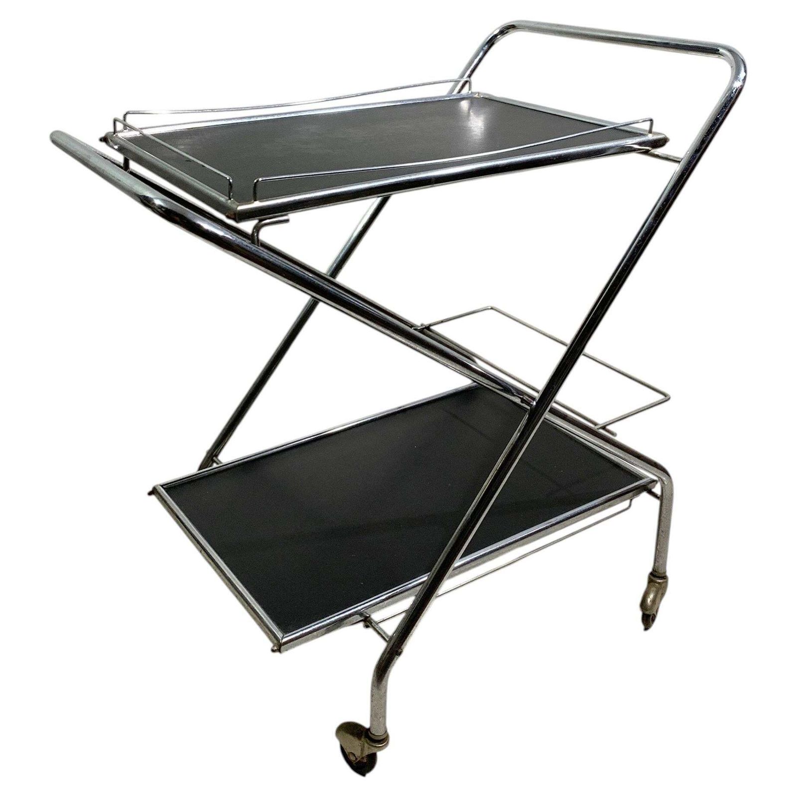 Mid 20th Century Folding Bar Cart In Chrome And Black By Richard, Circa 1960's