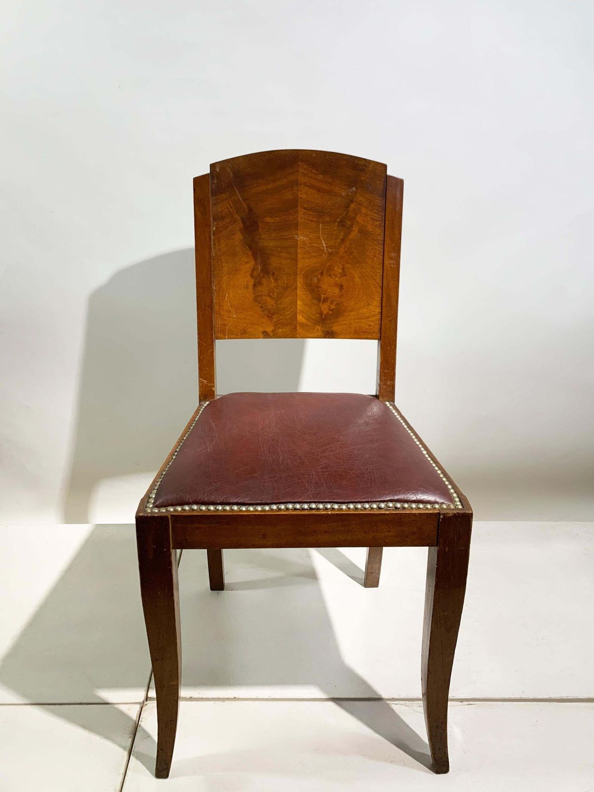Set Of 6 Art Deco Dining Chairs In Walnut And Burgundy Leather, France, 1930's photo for sale