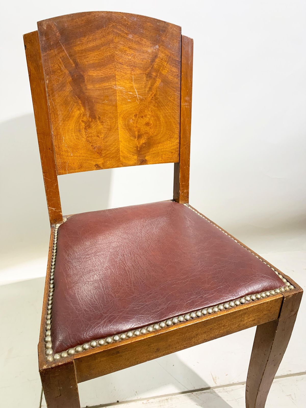 Set Of 6 Art Deco Dining Chairs In Walnut And Burgundy Leather, France, 1930's photo vintage