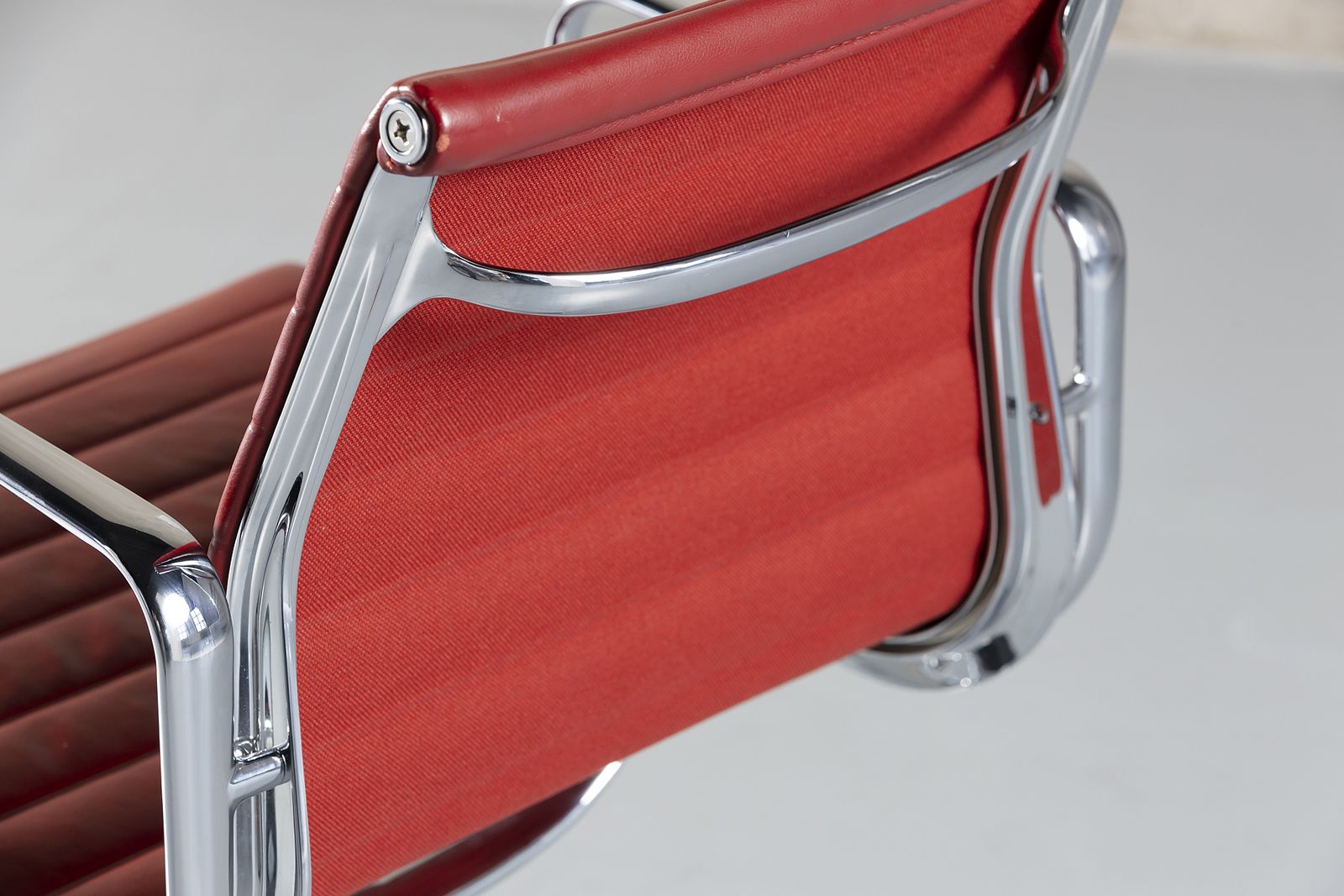 Furniture Sale !  Vitra Aluminum Chair Ea 108 In Red Leather By  Charles And Ray Eames, Germany, 1990's photo
