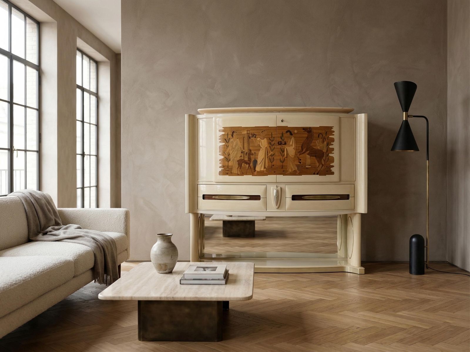 Italian Midcentury Parchement Sideboard Or Cabiner Bar Designed By Dassi, 1950s photo furniture