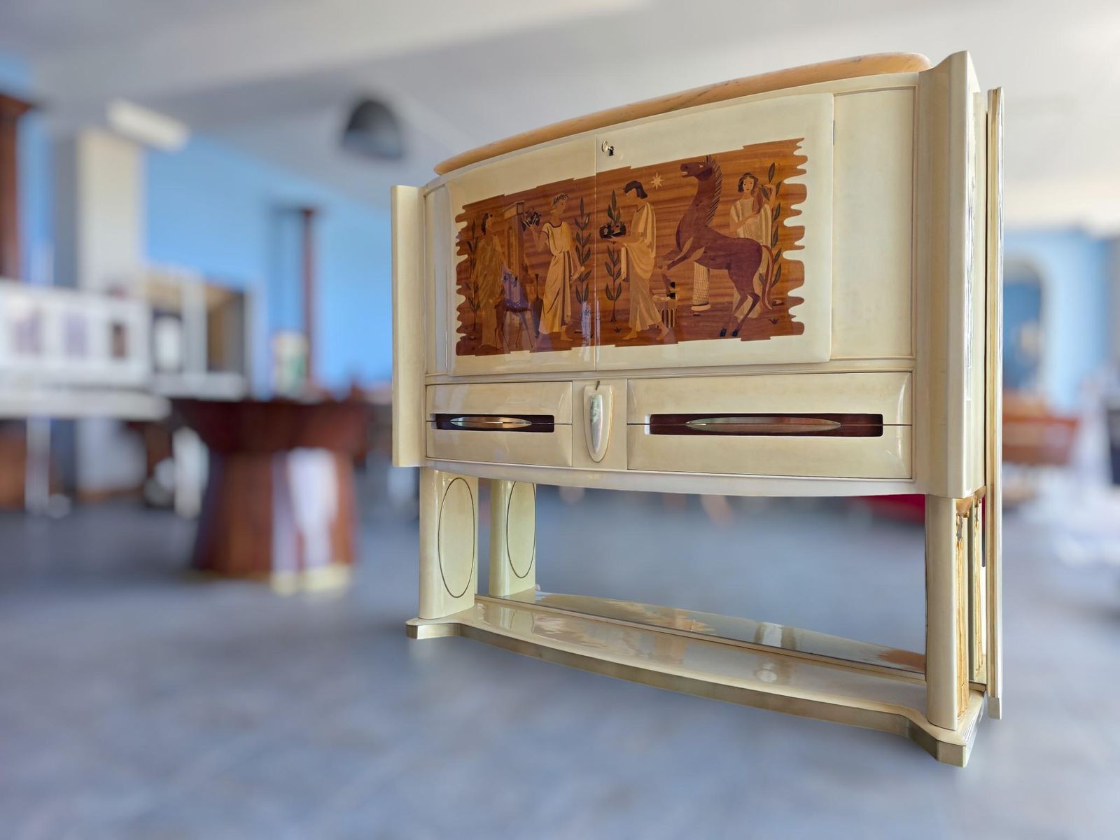 Italian Midcentury Parchement Sideboard Or Cabiner Bar Designed By Dassi, 1950s photo for sale