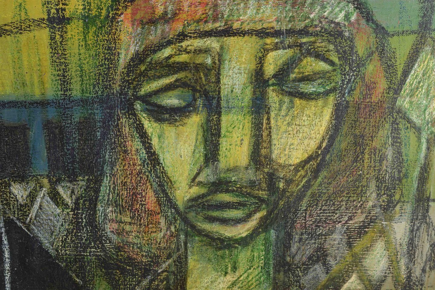 Pelle Montelius. Huile sur toile. Composition moderne avec figure et bouteille. photo for sale