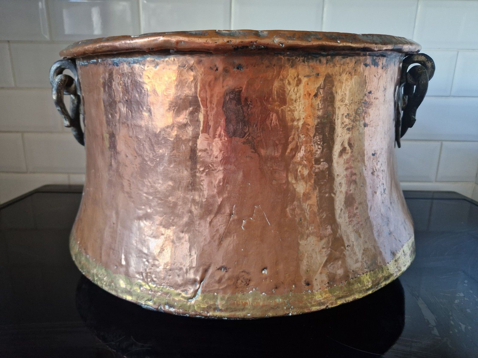 Antique Huge Large Copper And Cast Iron Cauldron Cooking Pot Planter Early 19th photo 445.0