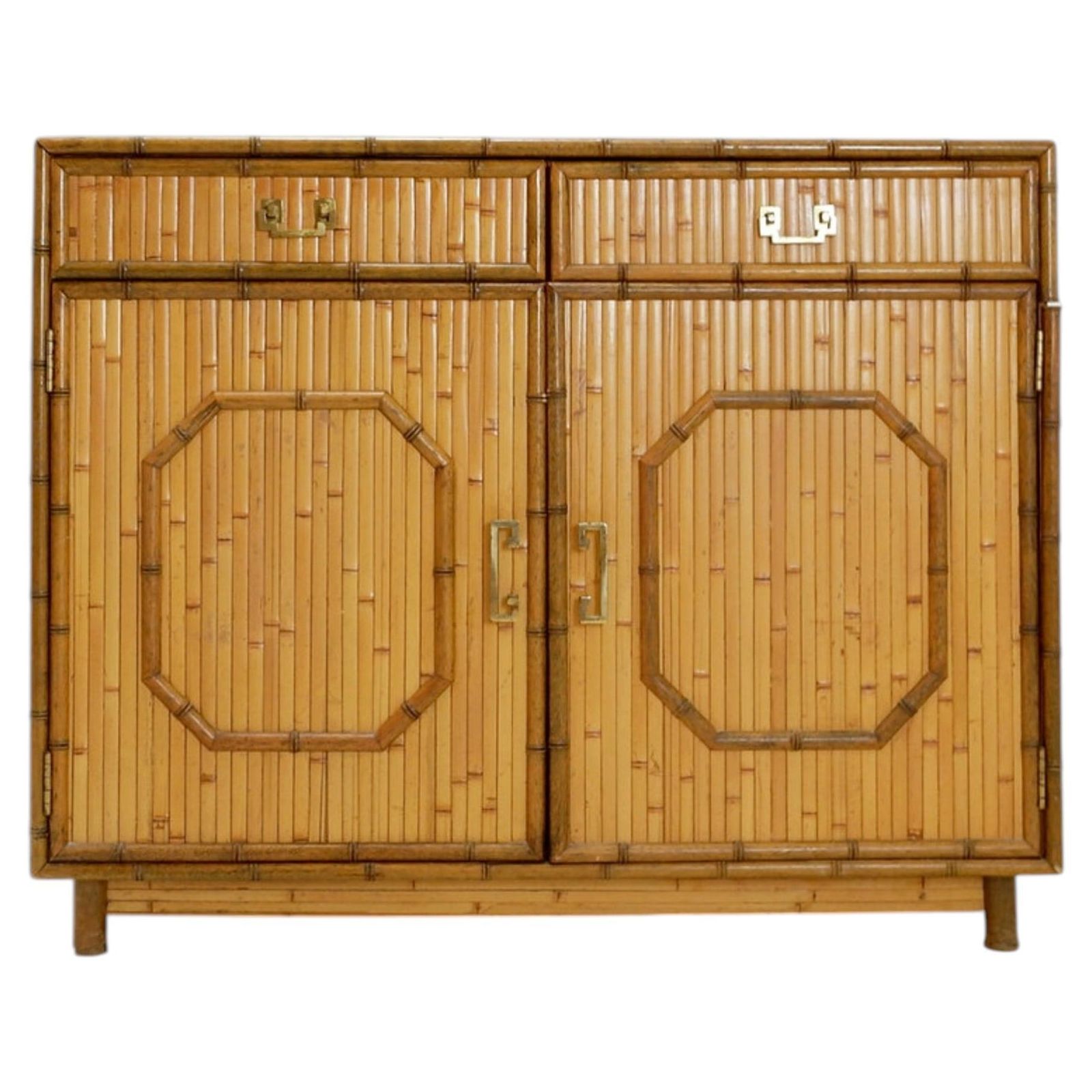 Bamboo Chest Of Drawers With 2 Doors And 2 Drawers   Brass Handles, Circa 1960.
