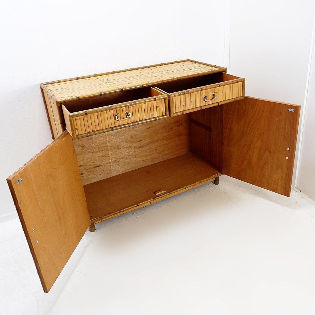 Bamboo Chest Of Drawers With 2 Doors And 2 Drawers   Brass Handles, Circa 1960. photo for sale