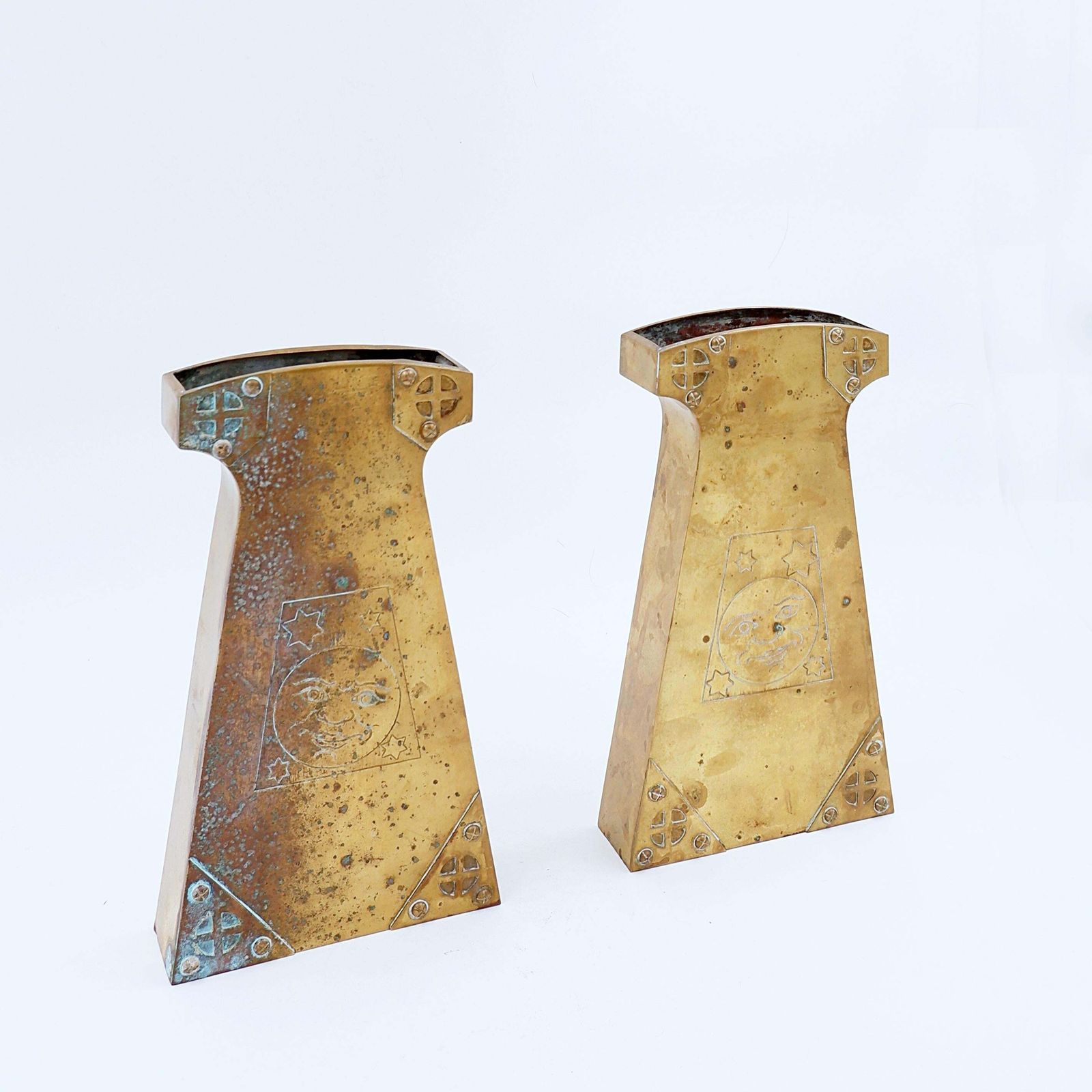 photo for sale Pair Of Brass Brutalist Mantel Clock Fittings   20th