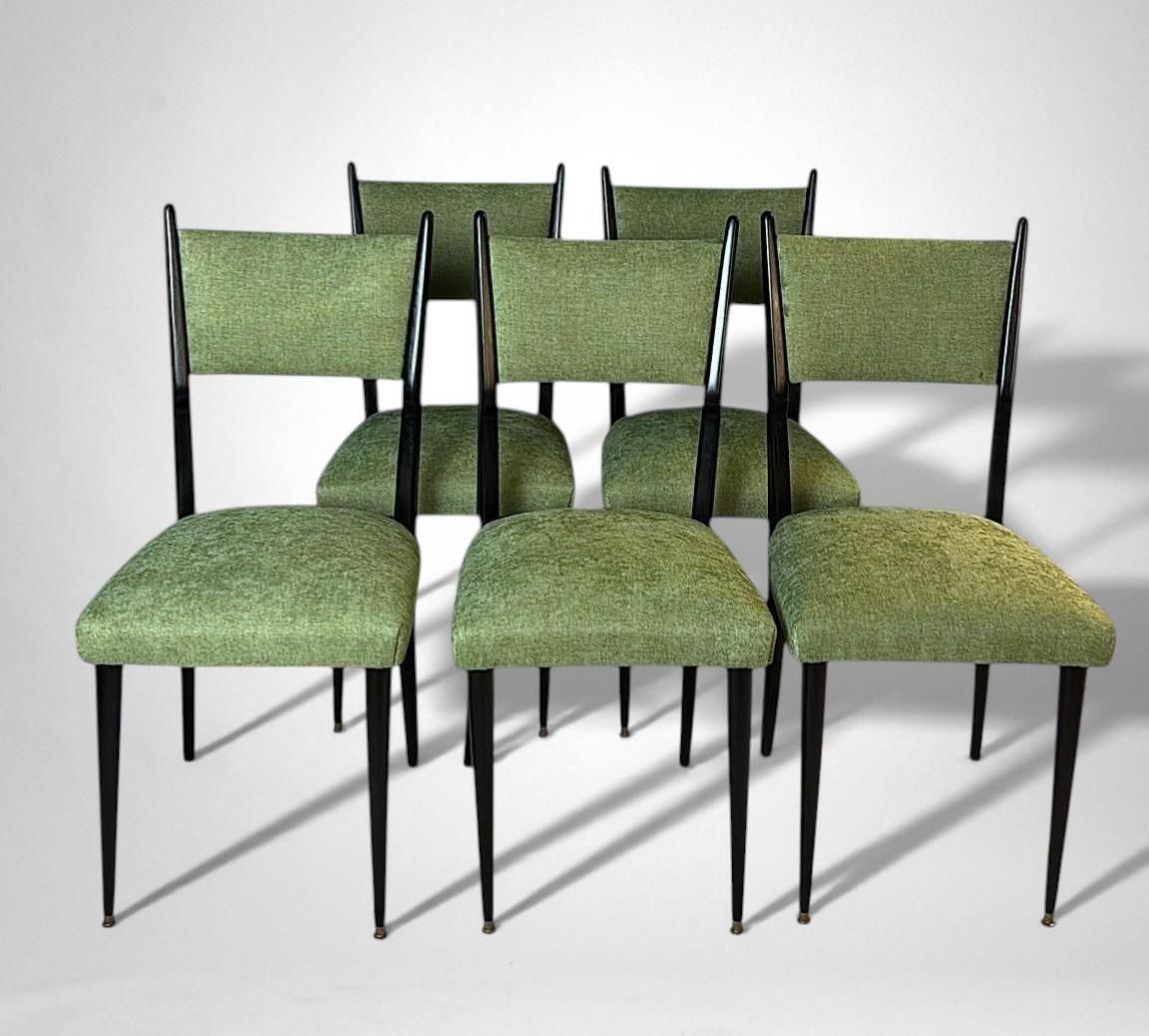 Ico Parisi Style – Set Of 6 Ebonized Wood Chairs With Green Upholstery photo furniture