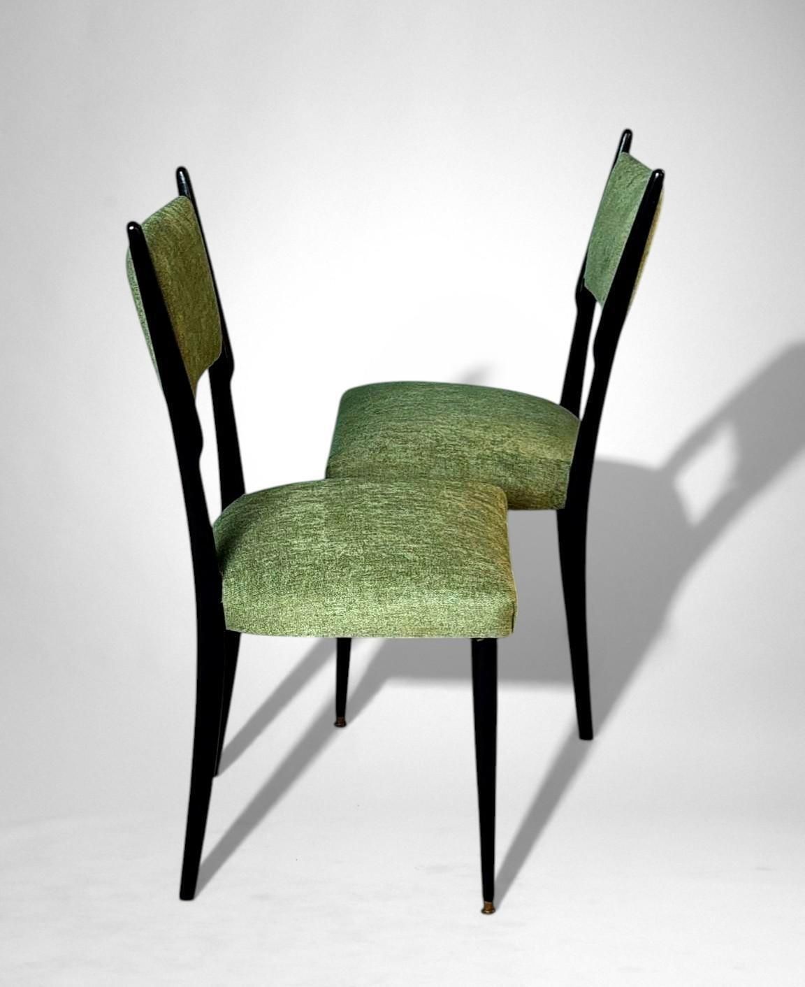 Ico Parisi Style – Set Of 6 Ebonized Wood Chairs With Green Upholstery photo vinterior