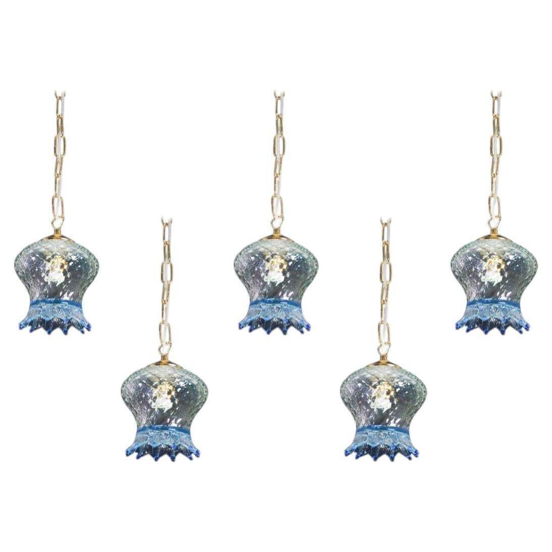 Set Of 5 Murano Glass Pendant Lights, Blue & Transparent, Europe, 1980