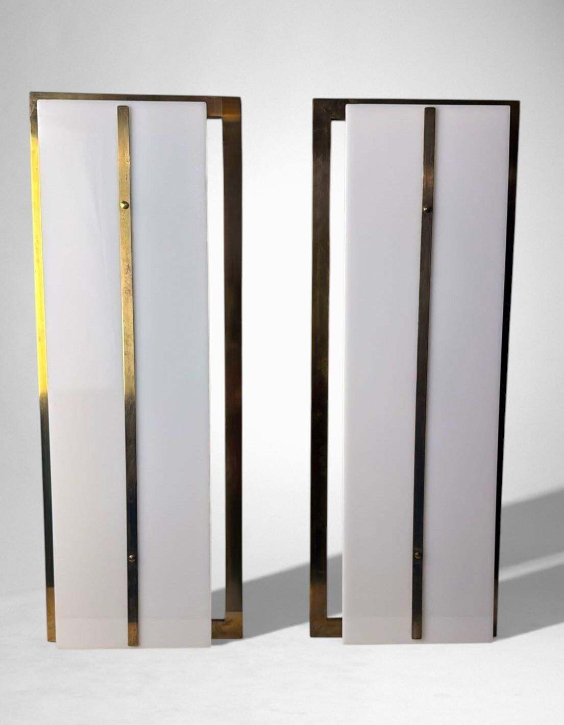 Romeo Rega Style Pair Of Large Italian Brass And Opaline Plexiglass Wall Sconces photo furniture