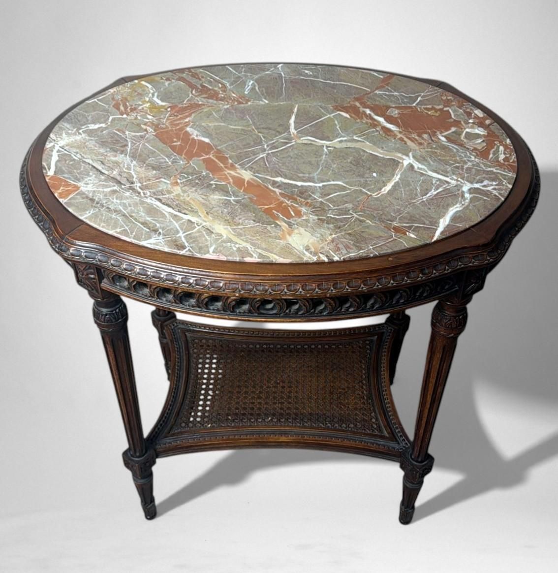 Neoclassical Italian Walnut Side Table With Marble Top And Vienna Straw Shelf photo furniture