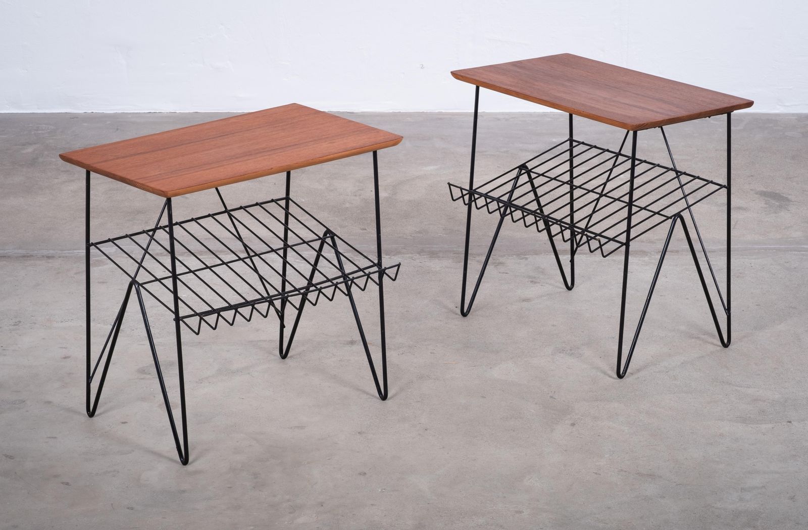 Pair Of Teak Side Tables With Magazine Rack And Metal Frame, Denmark, 1960s photo furniture