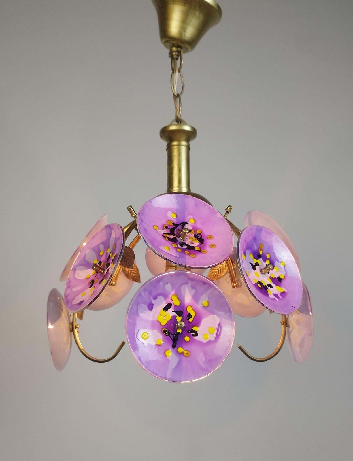 Vintage Floral Glass Chandelier Hand Painted Purple Ceiling Light One Of A Kind Statement Lighting photo Lighting