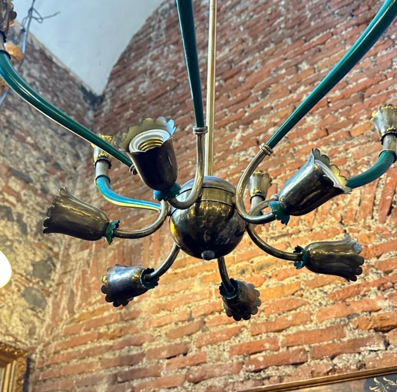 1960s Mid Century Modern Green Painted Metal And Brass Italian Chandelier photo buy