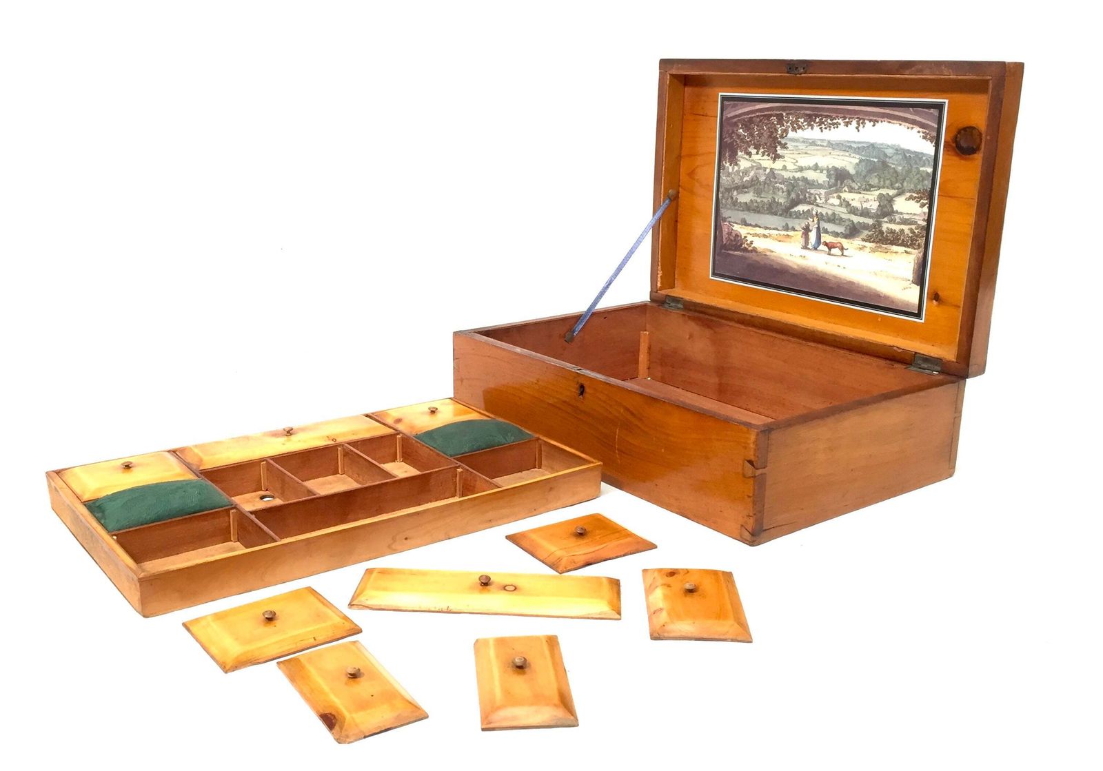 249.0 Antique Wooden Inlaid Ladies Sewing Box / Storage Work Box / Sewing Cabinet photo