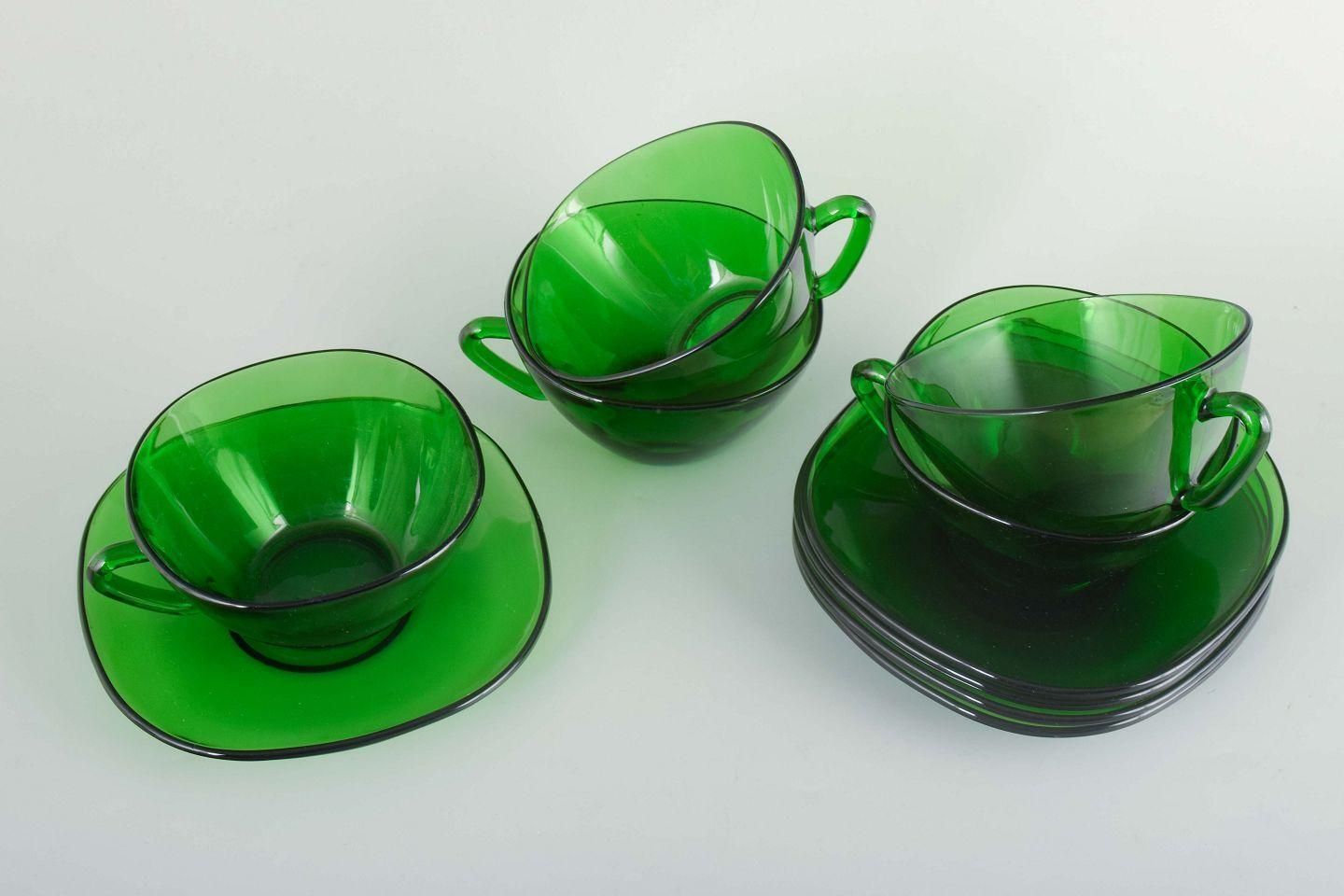 Vereco. Set Of Five Green Glass Tea Cups With Matching Saucers. 1970/80s photo for sale