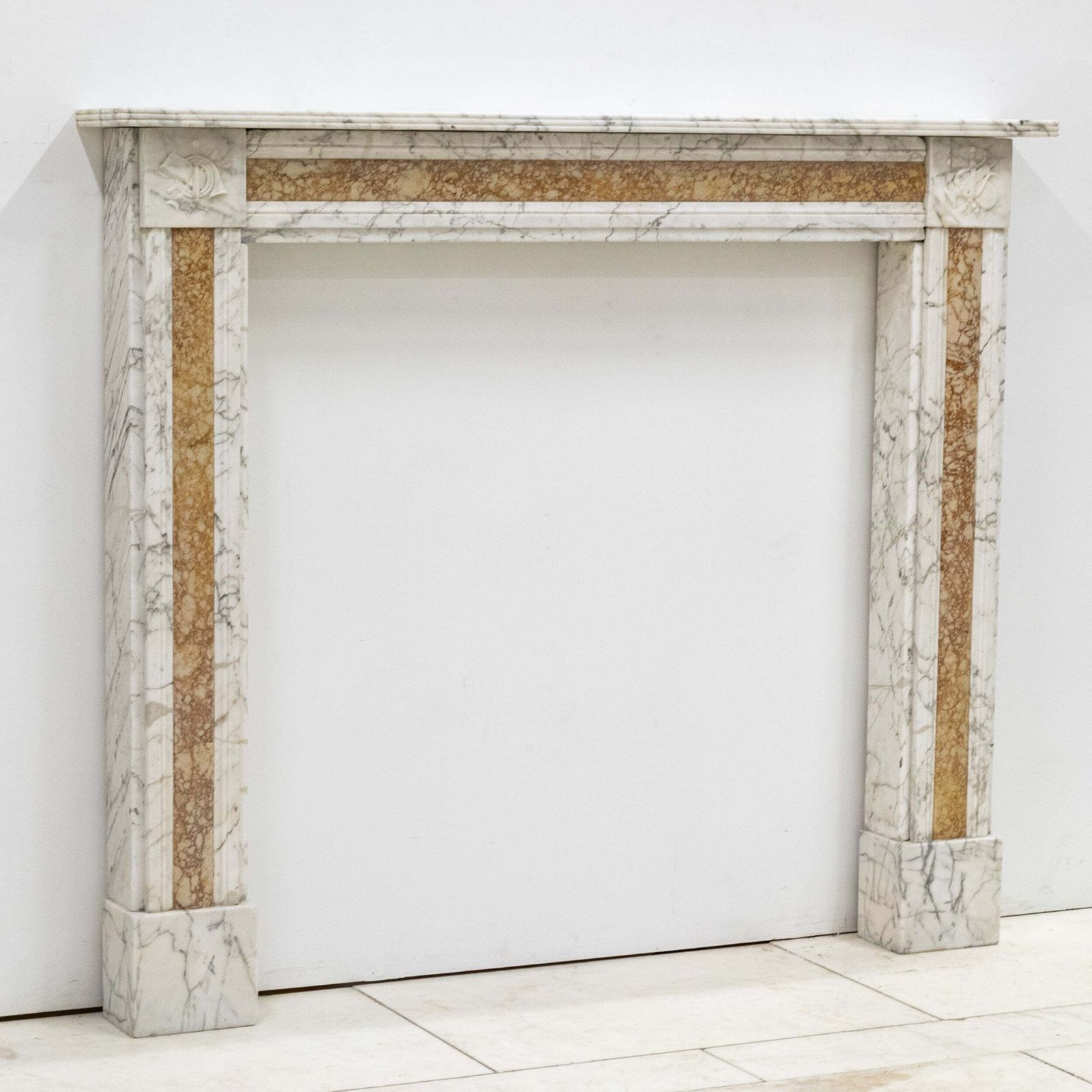 Regency Carrara Marble Fireplace Surround With Brocatelle Inlay photo for sale