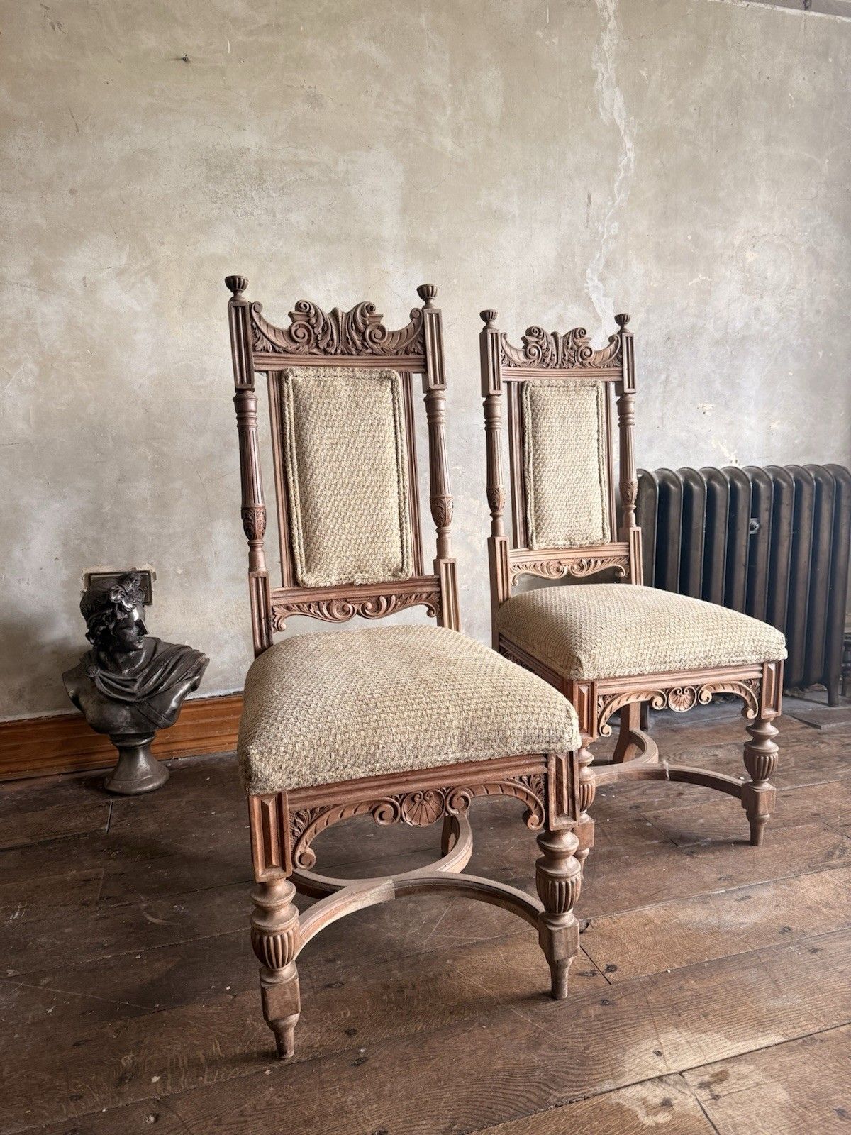 Pair Of Substancial French Vintage Rustic Carved Honeycombed Ornate Hall Chairs