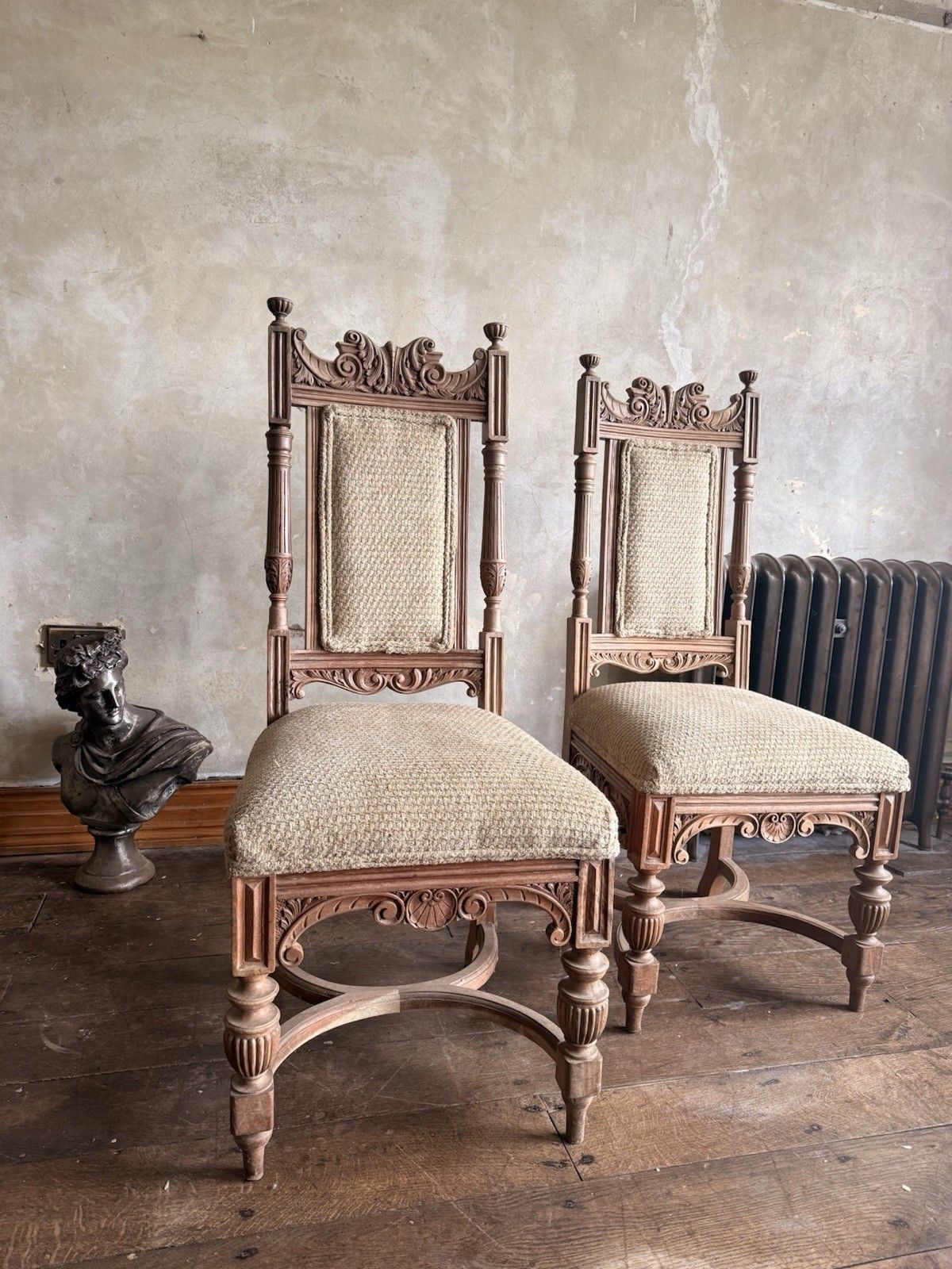 Pair Of Substancial French Vintage Rustic Carved Honeycombed Ornate Hall Chairs photo 399.0