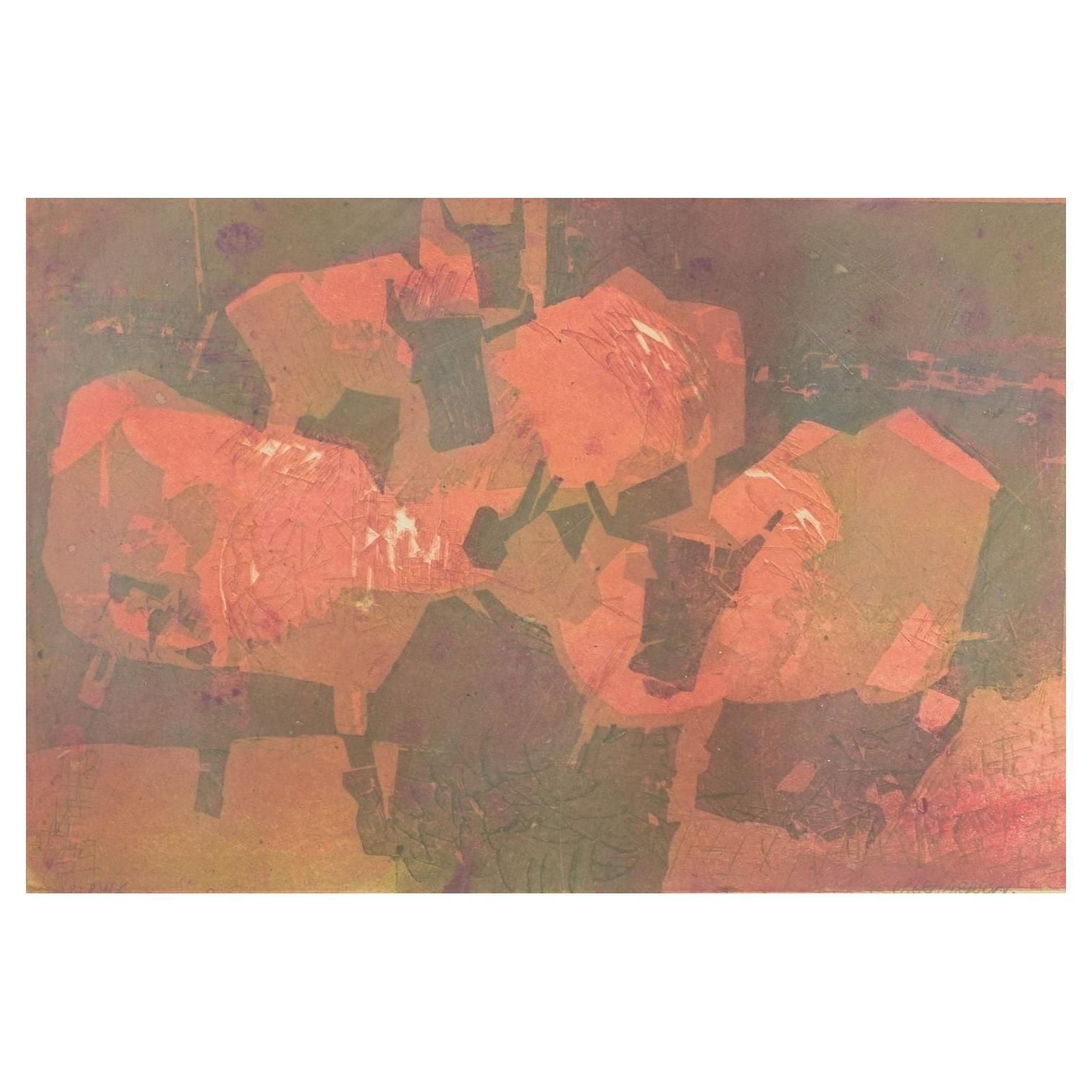 Ebbe Eberhardson. Modern Composition With Cows. Color Print On Paper. 1960s