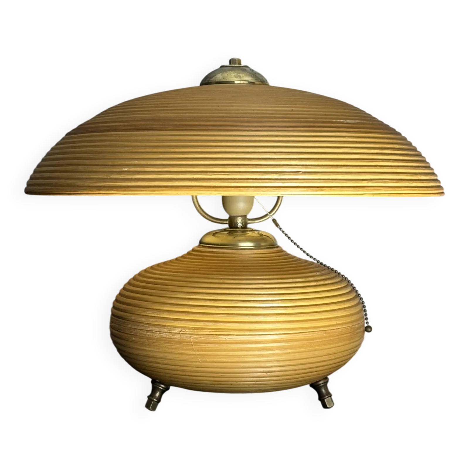 Pencil Reed Rattan Bamboo And Brass Mushroom Table Lamp, Italy, 1970s