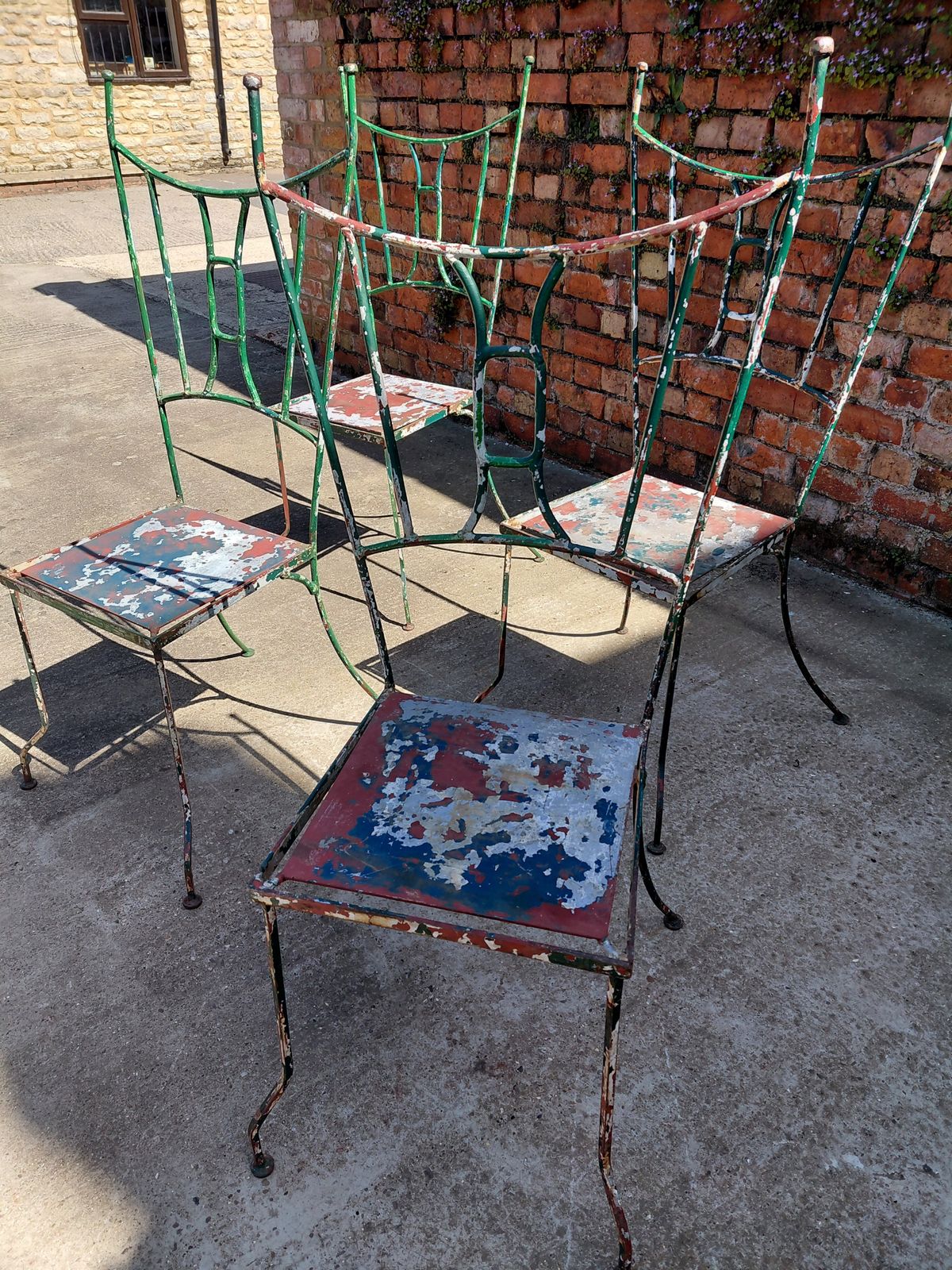 Set Of 4 French Sculptural Hand Forged Wrought Iron Garden Chairs photo for sale