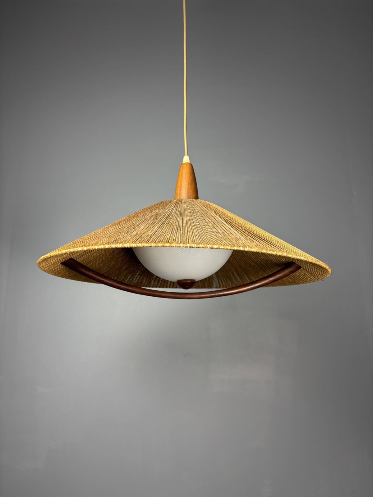 photo for sale Large Mid Century Teak And Sisal Cord Pendant From Temde Leuchten,