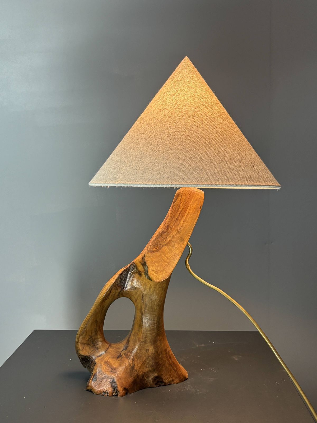 French Midcentury Brutalist Olive Wood Table Lamp, 1950s photo Lighting